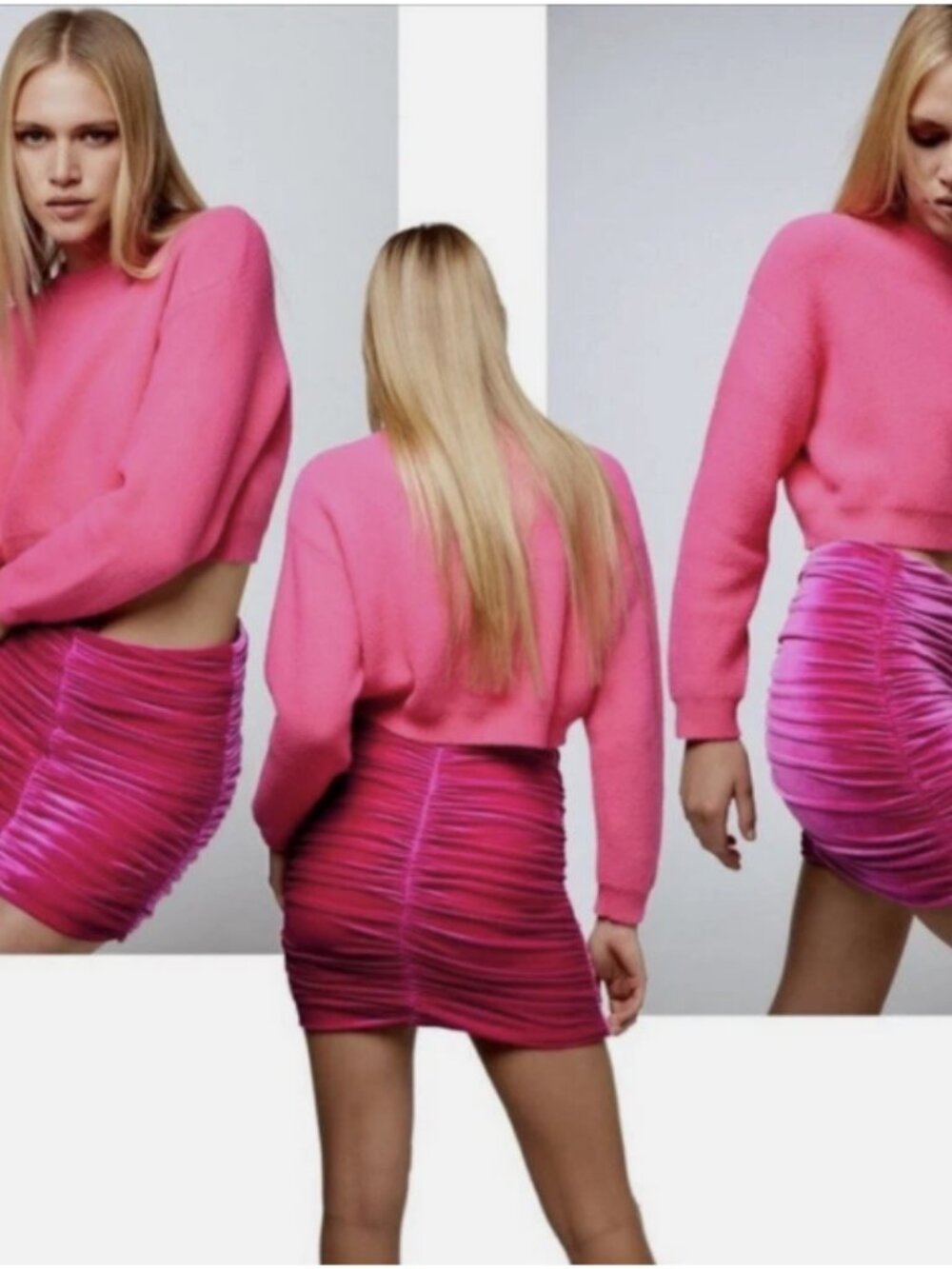NWT ZARA Hot Pink Fuchsia Velvet Ruched Bodycon Mini Skirt